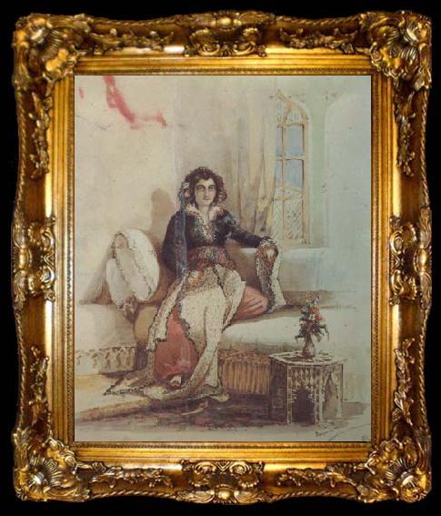 framed  Amadeo Preziosi Protrait de femme,mine de plomb,aquarelle et pigment metallique effeure de blanc (mk32), ta009-2